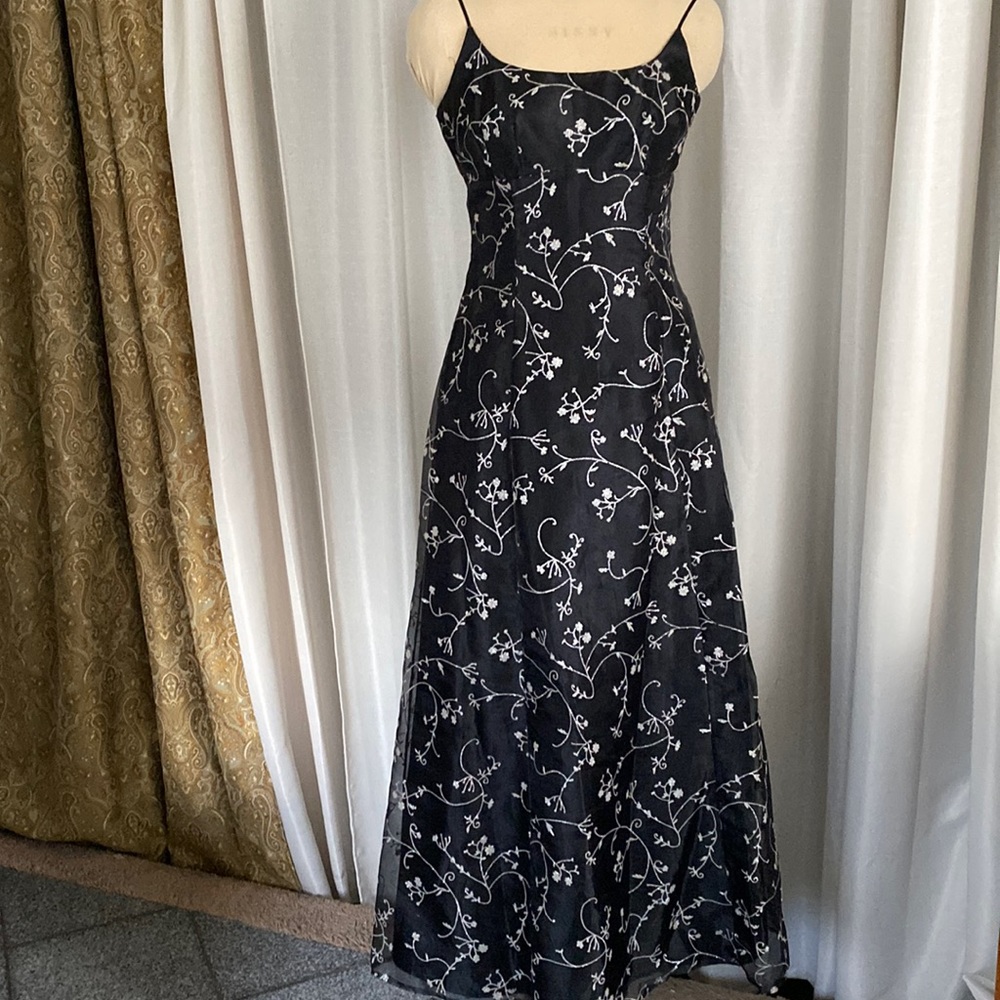 Black with gunmetal shiny embroidery evening gown